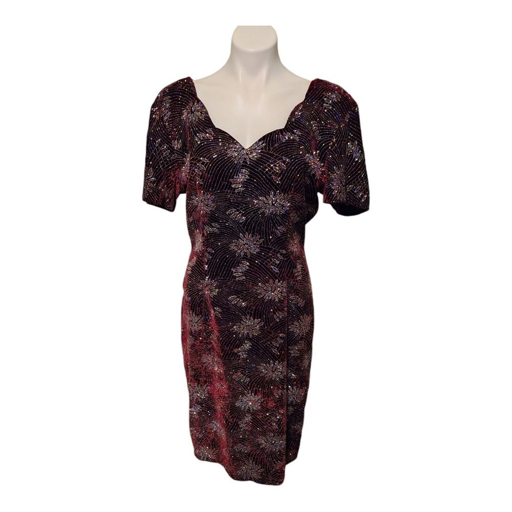 Mayvens Vintage 80's Maroon Velvet‎ Silver Sparkle Size 10 Scallop V Neck Dress